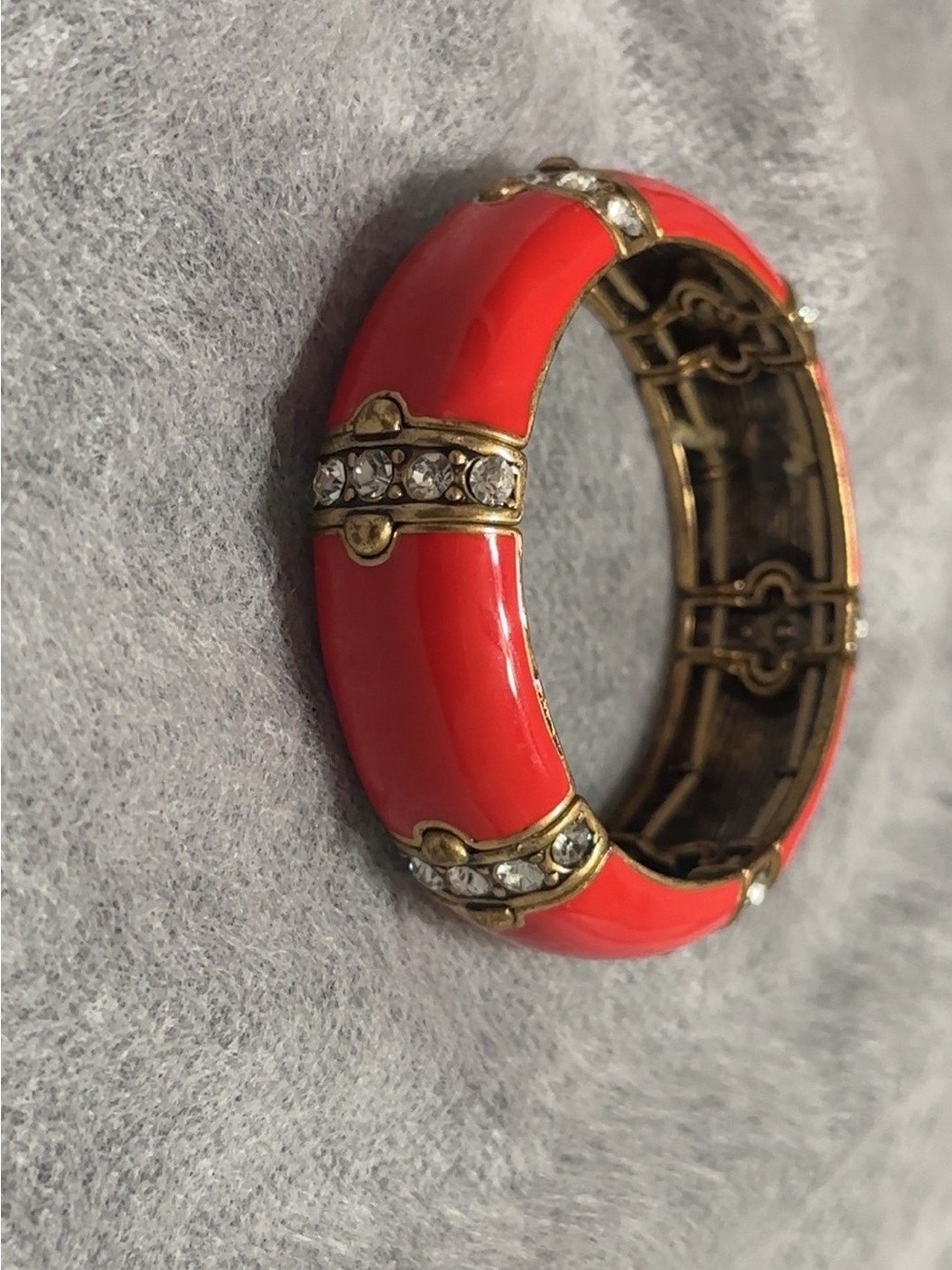 J. Crew Coral Enamel and Crystal Hinged Bangle Bracelet